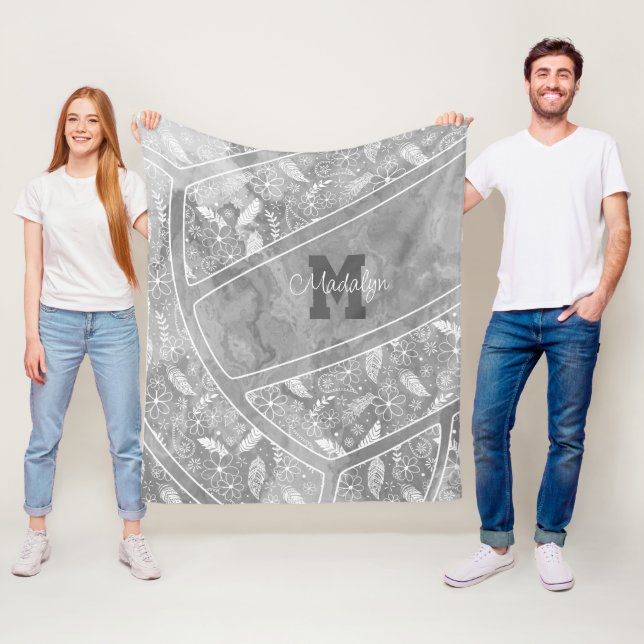 Couverture Polaire paislies plumes fleurs motif gris volley (En situation)