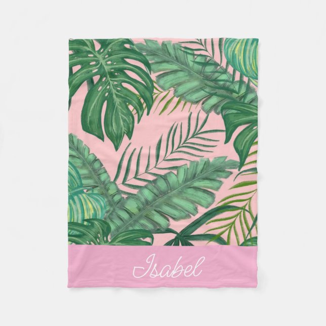 Couverture Polaire Palme Tropicale rose mignonne Feuilles Nom Bébé (Devant)