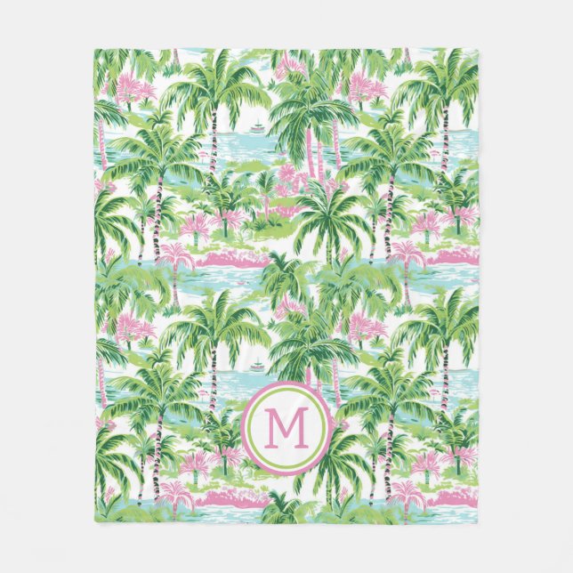 Couverture Polaire Palmiers tropicaux rose et vert de Preppy Monogram (Devant)