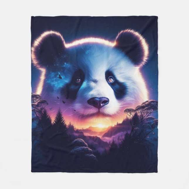 Couverture Polaire Panda Face avec Forêt Surréelle et coucher de sole (Devant)