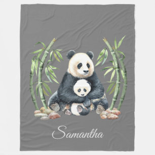 Couverture Polaire Panda Mama et bébé gris personnalisé