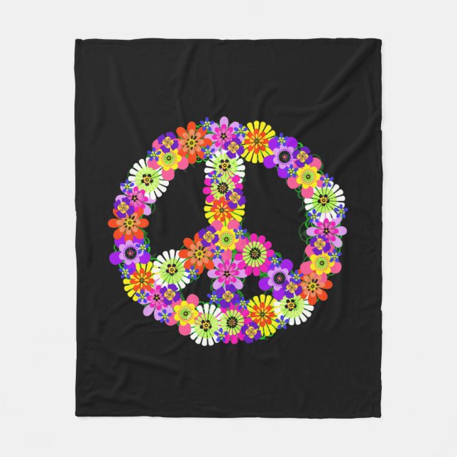 Couverture Polaire Panneau de paix Floral en noir (Devant)