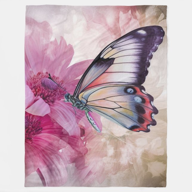 Couverture Polaire Papillon Dreamy aux fleurs roses (Devant)