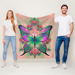 Couverture Polaire Papillon vert pourpre sur rose
