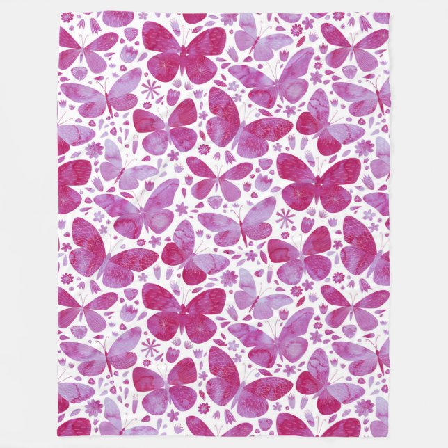 Couverture Polaire Papillons Aquarelle Magenta Rose (Devant)