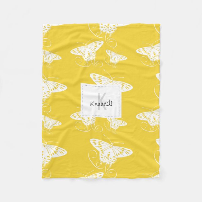 Couverture Polaire Papillons Gras Blanc Sur Jaune Lumineux (Devant)