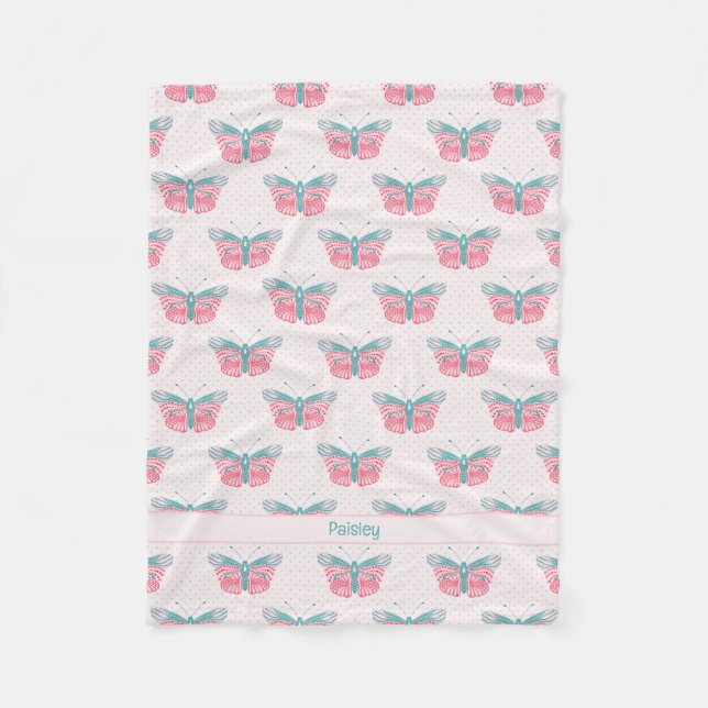 Couverture Polaire Papillons modernes - rose turquoise - avec nom (Devant)