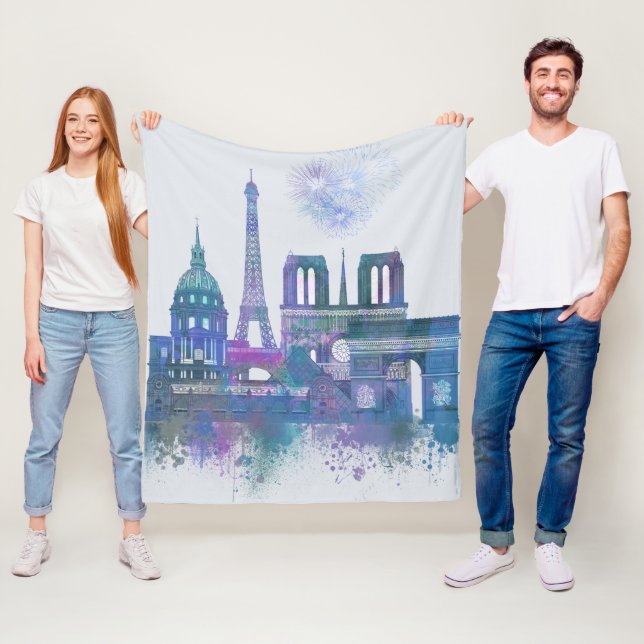 Couverture Polaire Paris Skyline - Aquarelle bleu (En situation)