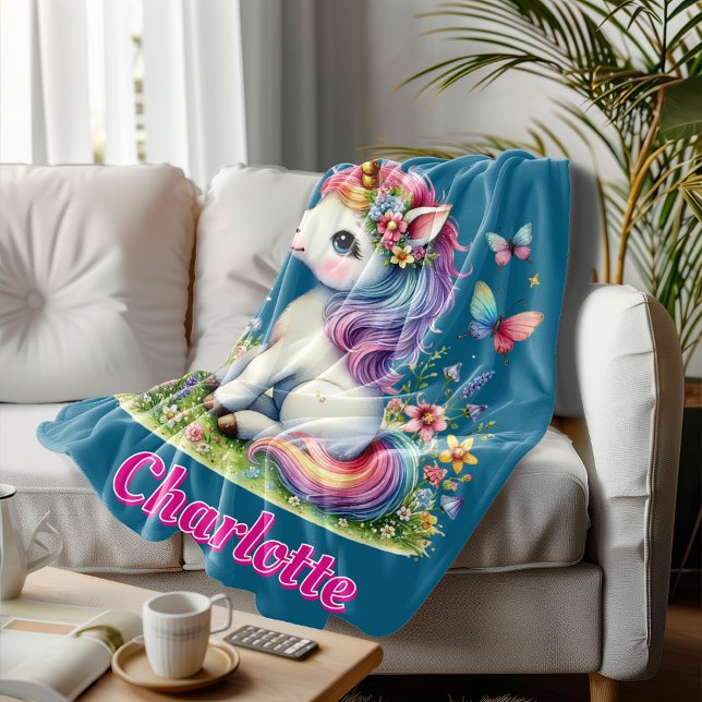 Couverture Polaire Parties scintillant bleue unicorne fleurs sauvages (Créateur téléchargé)