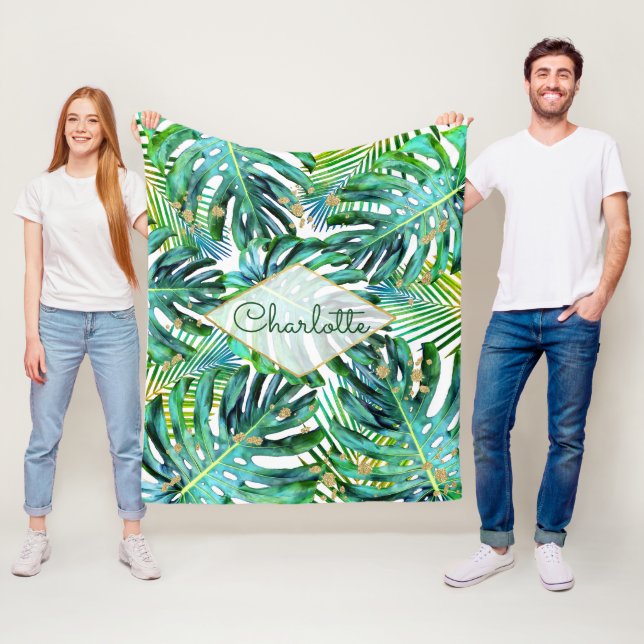 Couverture Polaire Parties scintillant Motif d'or Tropical Palm Leaf (En situation)