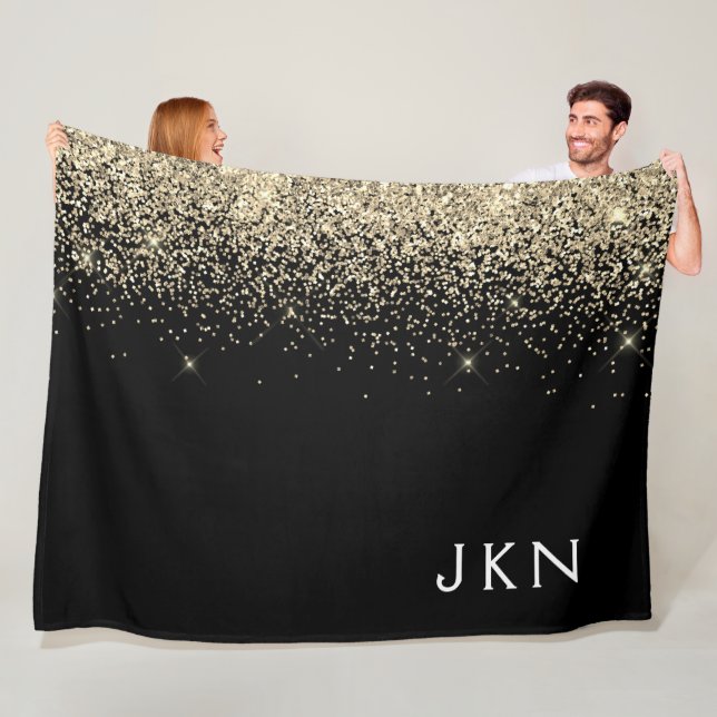 Couverture Polaire Parties scintillant Noir Or Monogramme Initiales F (En situation)