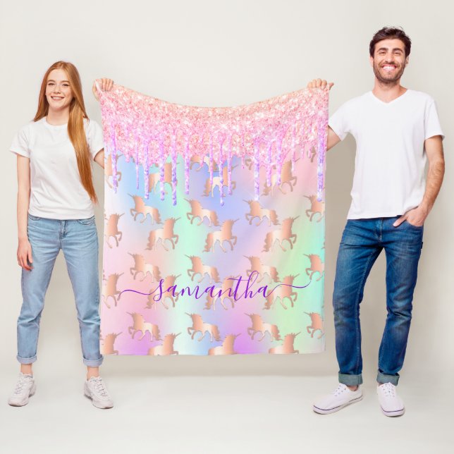 Couverture Polaire Parties scintillant Unicorn goutte rose nom hologr (En situation)