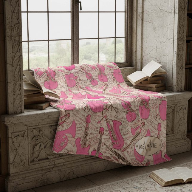 Couverture Polaire Partition et instruments de musique rose/ivoire ID (Créateur téléchargé)