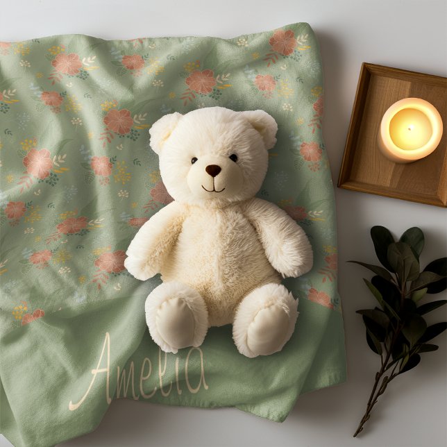 Couverture Polaire Pastel beige vert menthe fleuri rayure motif (Créateur téléchargé)