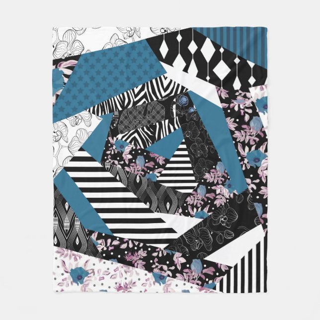 Couverture Polaire patchwork bleu, populaire, patchwork, folle, rusti (Devant)