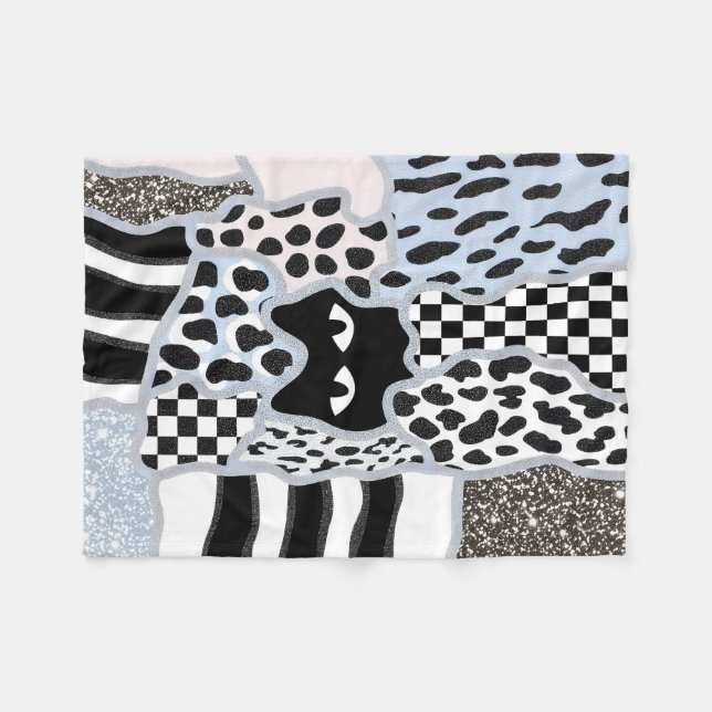 Couverture Polaire Patchwork Chic Chat Noir Suspicieux Gingham & Carr (Devant (Horizontal))