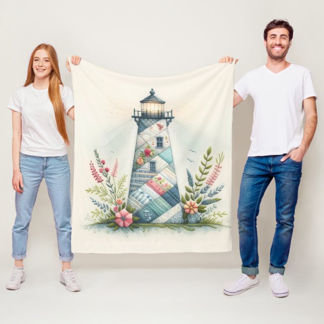 Couverture Polaire Patchwork Lighthouse Coastal Floral Scene (En situation)