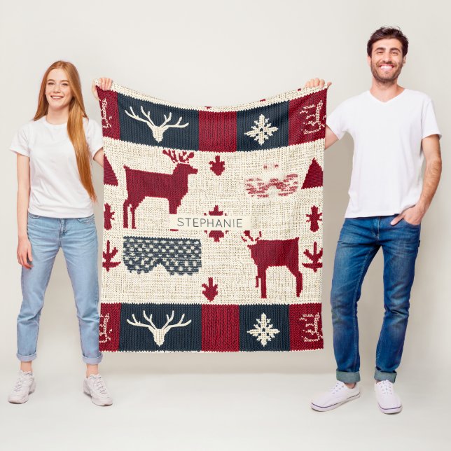 Couverture Polaire Patchwork nordique de Noël | Rennes (2) (En situation)