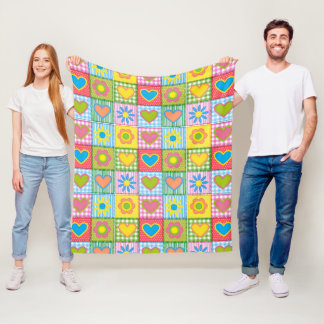 Couverture Polaire Patchwork of Love Blossom and Hearts