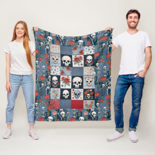 Couverture Polaire Patchwork Retro Denim avec Skulls Rose Skeletons