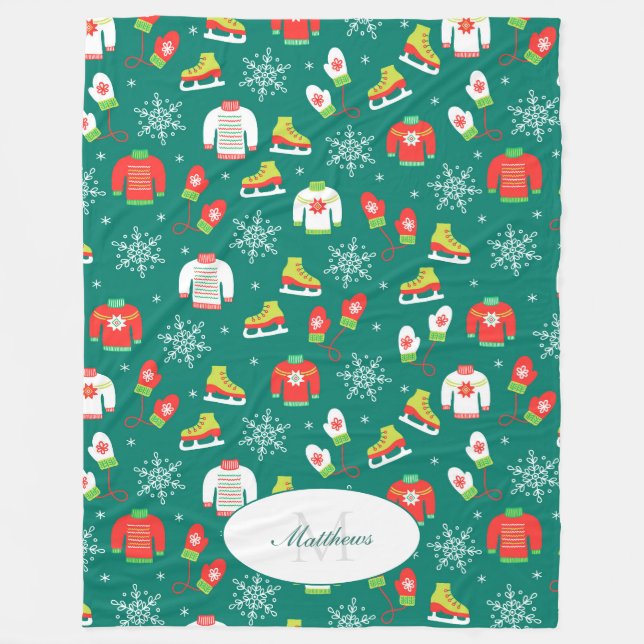 Couverture Polaire Patins à glace et flocons de neige Motif Monogramm (Devant)