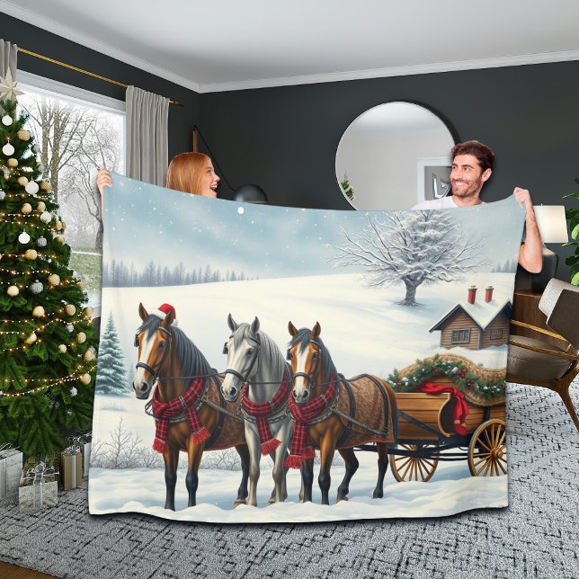Couverture Polaire Paysage hivernal avec chevaux et Cabine (Créateur téléchargé)