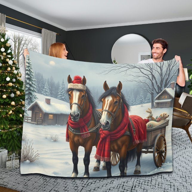 Couverture Polaire Paysage hivernal avec chevaux et Cabine (Créateur téléchargé)