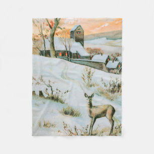 Couverture Polaire Paysage hivernal vintage de neige avec cerf