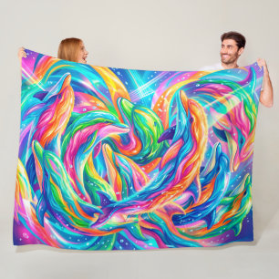 Couverture Polaire Paysage onirique de dauphins vibrant – Psychedeliq