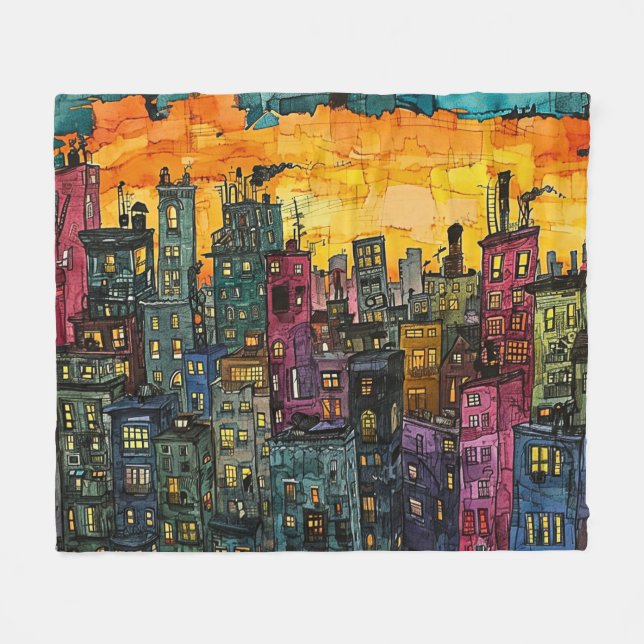 Couverture Polaire Paysage urbain au coucher du soleil - Art urbain d (Devant (Horizontal))