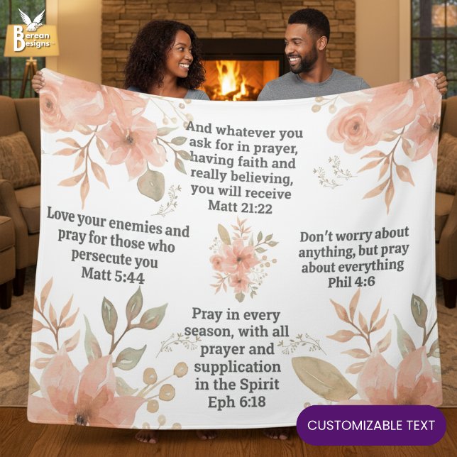 Couverture Polaire Peach Floral Christian PRAYER  (Christian Scripture Floral Prayer Blanket with CUSTOMIZABLE TEXT to add your favorite Bible verses)