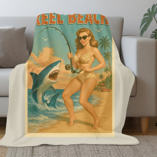 Couverture Polaire Pêche aux requins sur la plage, pin-up, vie côtièr