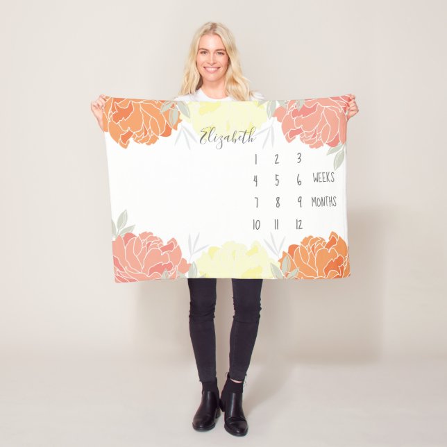 Couverture Polaire Pêche Jaune Orange pivoines Floral Baby Milestone (En situation)