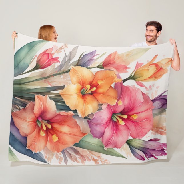 Couverture Polaire Peinture aquarelle de Gladiolas (En situation)