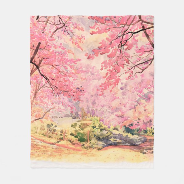 Couverture Polaire Peinture aquarelle paysage rose fleur rouge rose d (Devant)