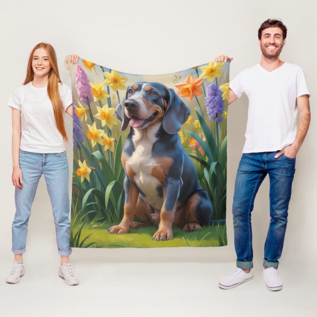 Couverture Polaire Peinture Bluetick Coonhound Chien Fleurs de printe (En situation)