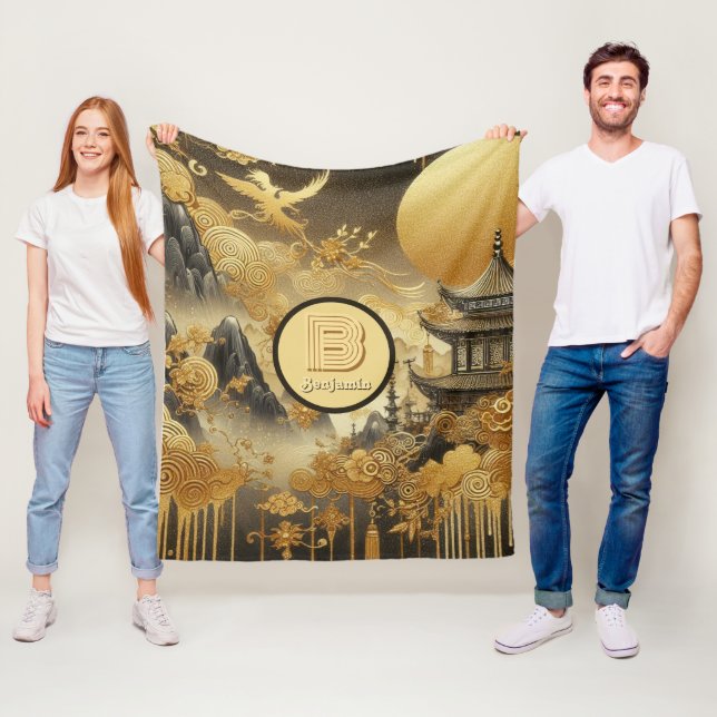 Couverture Polaire Peinture chinoise Faux Golden Dripping Monogramme (En situation)