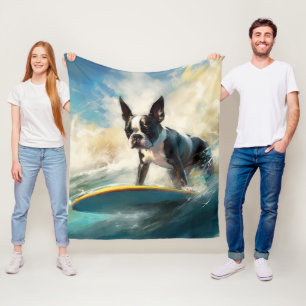 Couverture Polaire Peinture de Boston Terrier faisant du surf sur la 