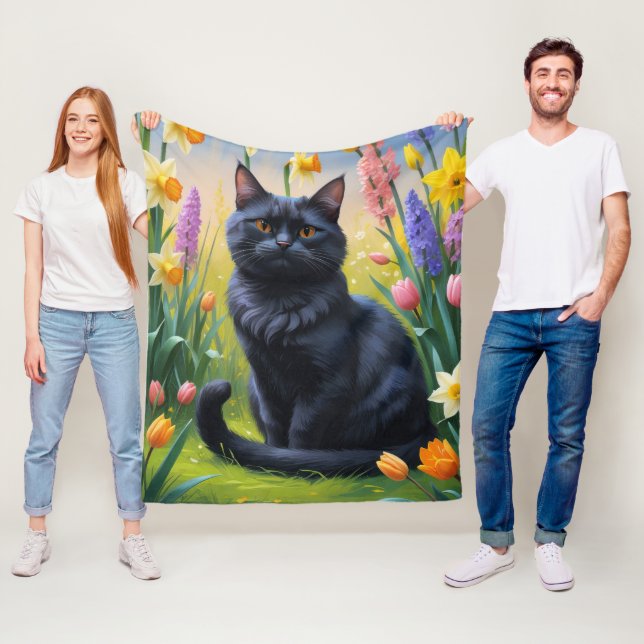 Couverture Polaire Peinture de fleurs printanières au chat noir (En situation)