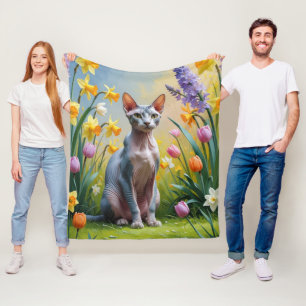 Couverture Polaire Peinture de fleurs printanières de chat Sphynx