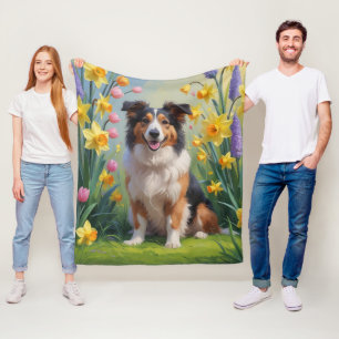 Couverture Polaire Peinture de fleurs printanières de Rough Collie