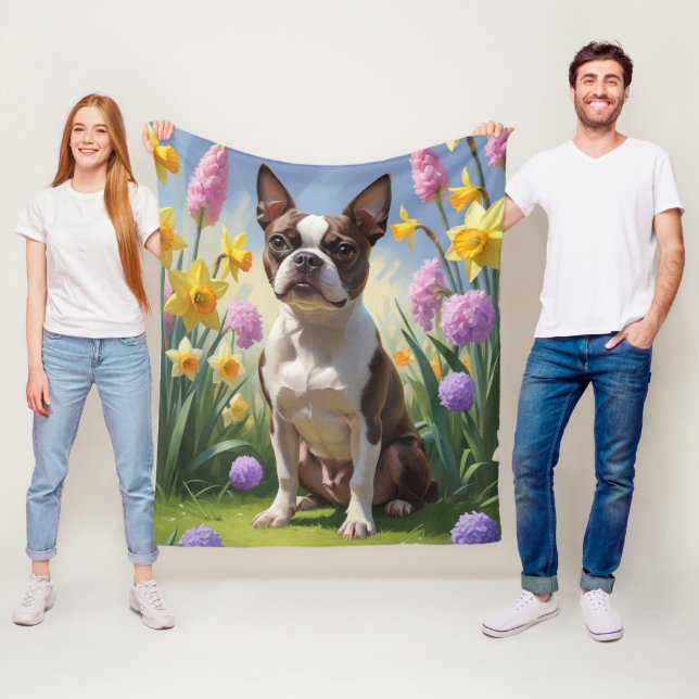 Couverture Polaire Peinture de printemps de chien de Boston Terrier (En situation)