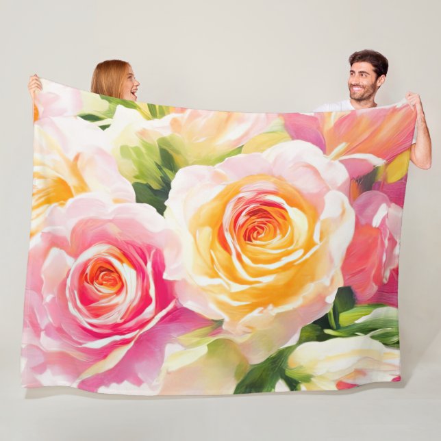 Couverture Polaire Peinture de roses jaunes et roses (En situation)