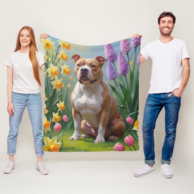 Couverture Polaire Peinture des fleurs de printemps de chien Pitbull (En situation)