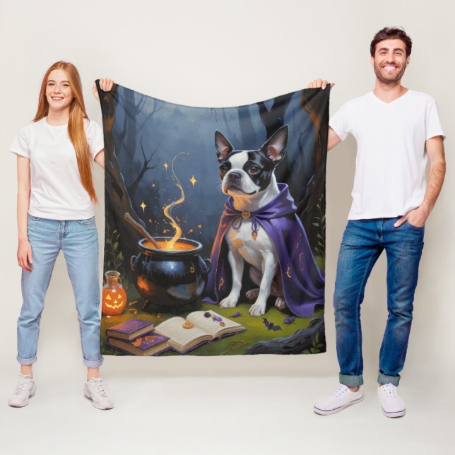 Couverture Polaire Peinture d'Halloween de Boston Terrier Chien blanc (En situation)