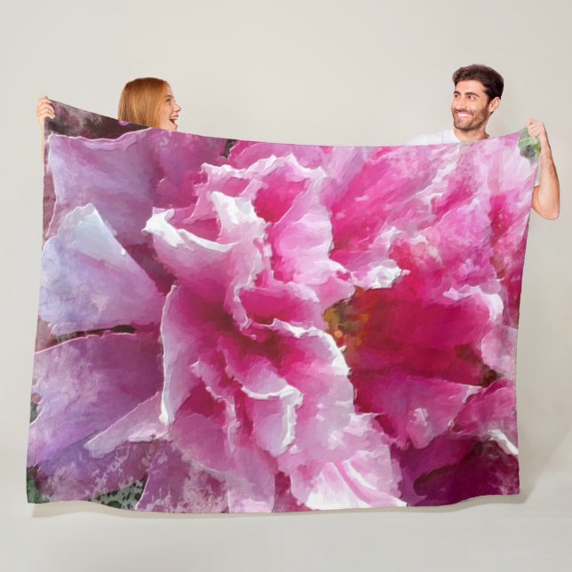 Couverture Polaire ** Peinture florale d'AR1 - Pivoine rose ** (En situation)