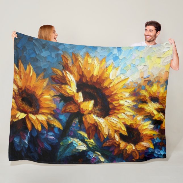 Couverture Polaire Peinture Impasto de tournesols Bleu (En situation)