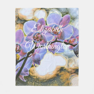 Couverture Polaire Peinture Moderne Fleurs d'Orchidées Violettes Bleu