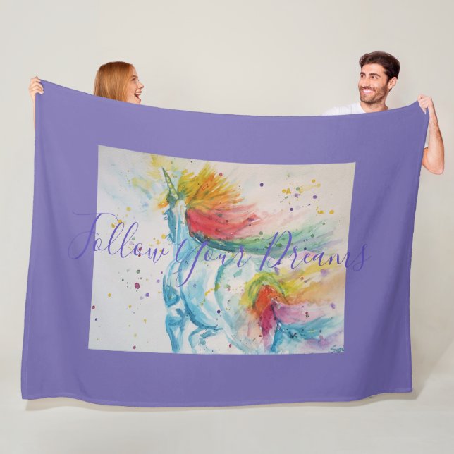 Couverture Polaire Peinture Unicorn Suivez Vos Rêves Blanche Toison (En situation)