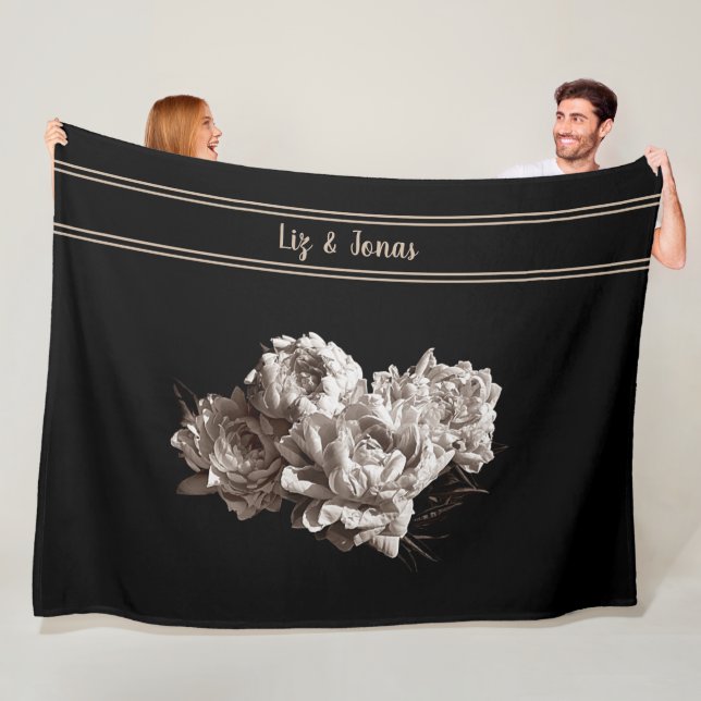 Couverture Polaire Peonies Sepia personnalisées Grande taille Noir (En situation)